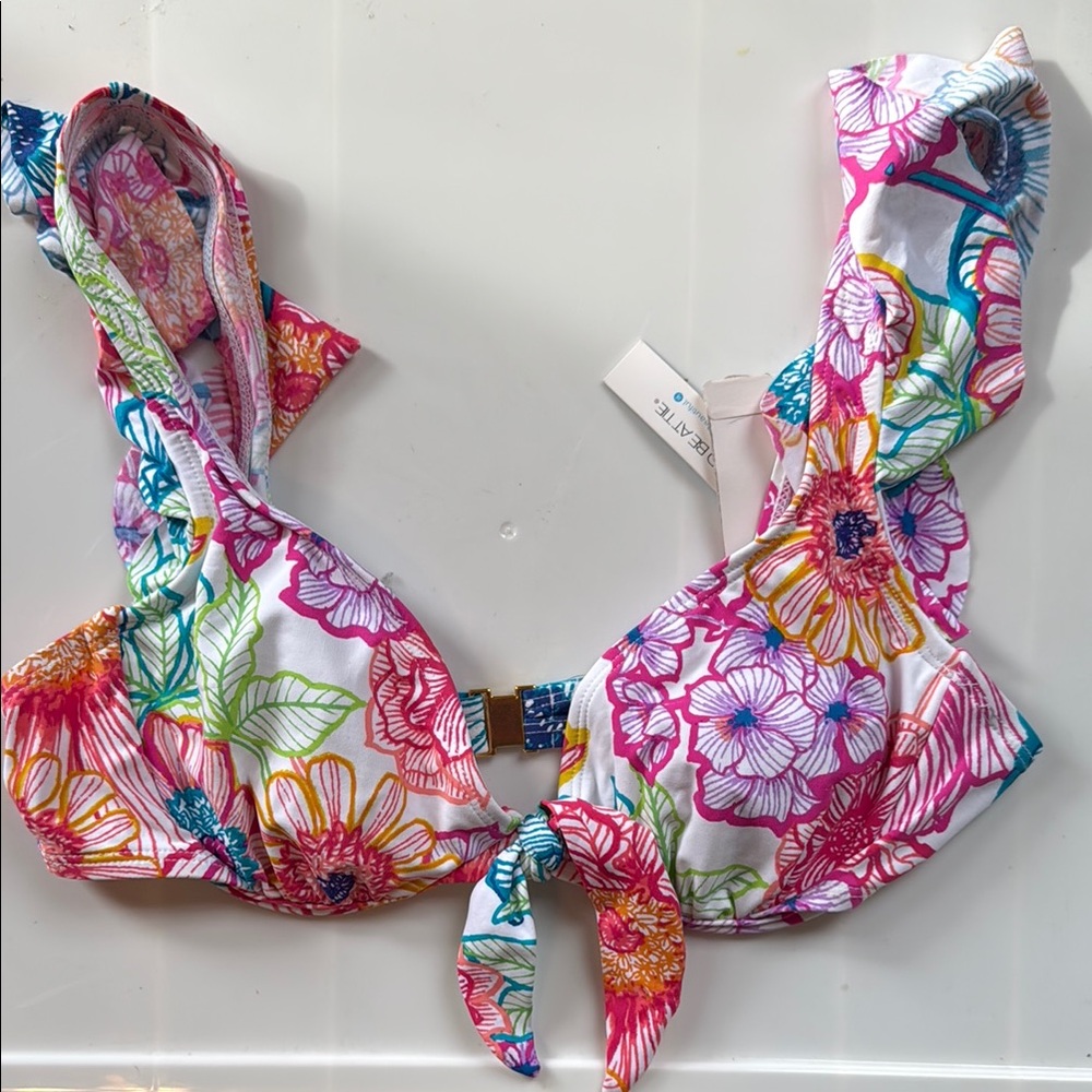 Floral Multicolor Ruffle Bikini Top BNWT Bleu Rod Beattie Nordstrom $85 Retail